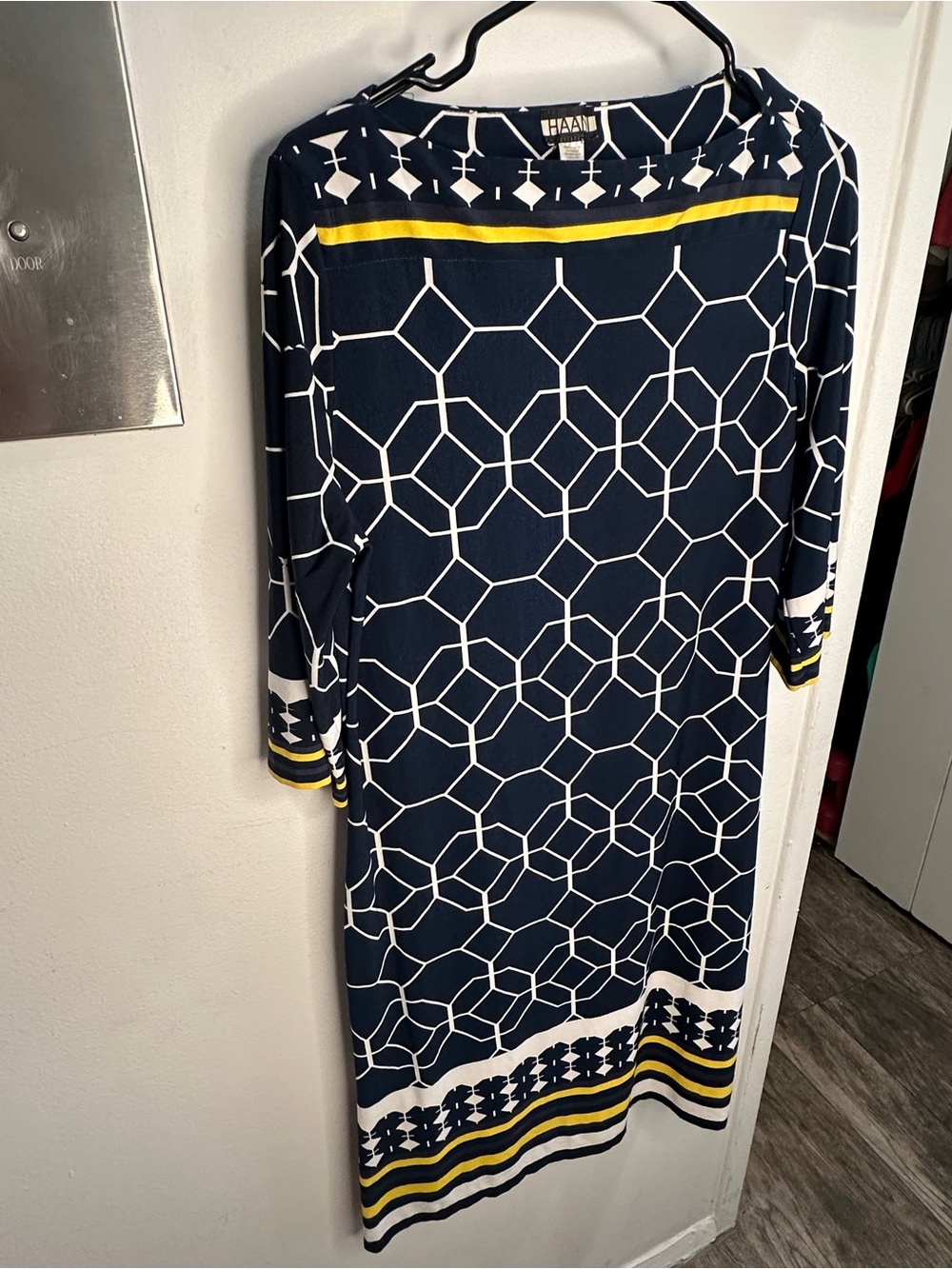 Haani Navy Midi Dress with White Geometric Print and Yellow Stripe